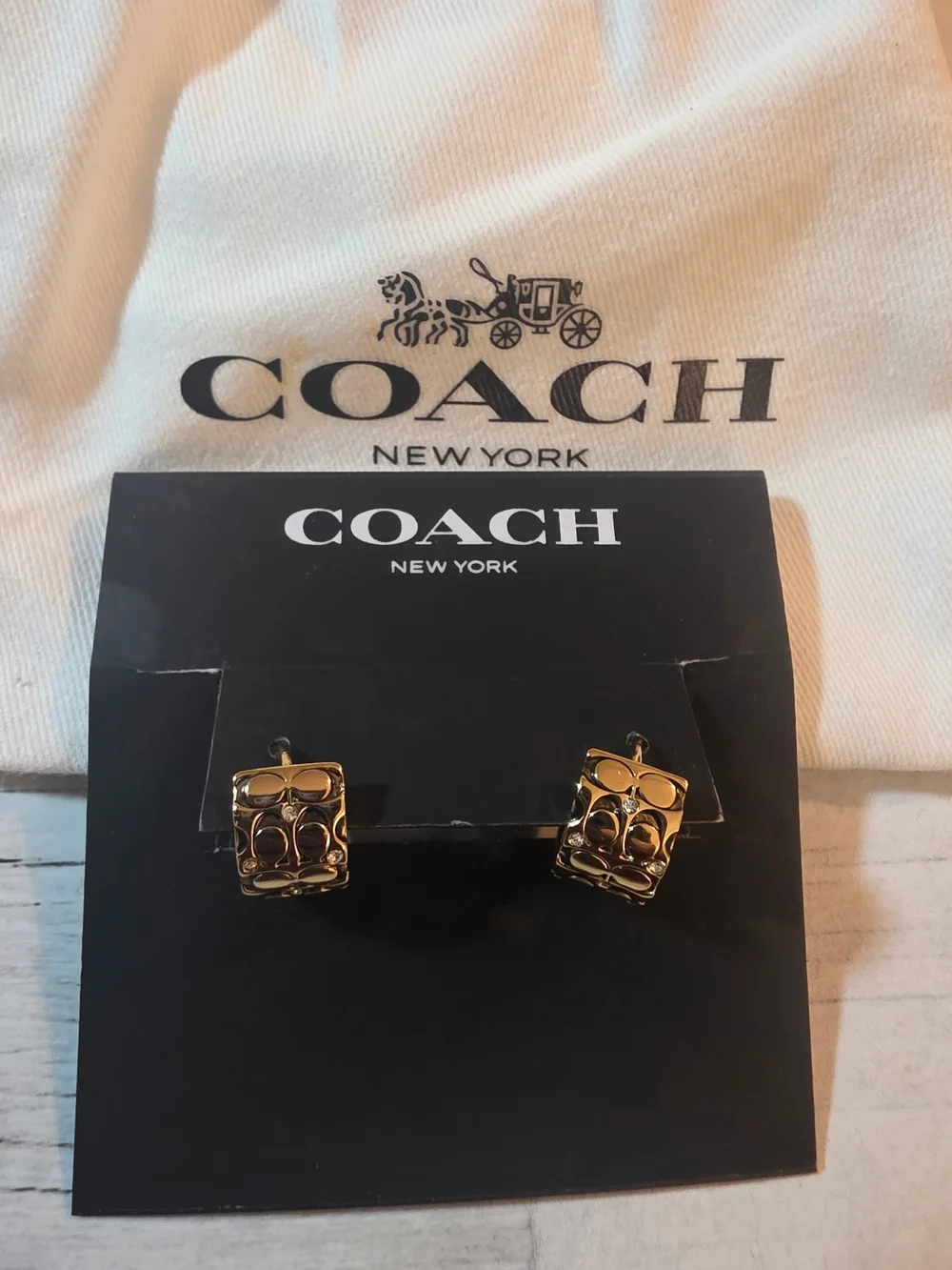Coach Gold-Tone Signature Pattern Huggie Earrings - Picture 2 of 2